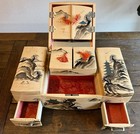 Vintage Japanese Tiered Jewelry Cabinet Hand Painted Mt Fuji Pagoda Scene