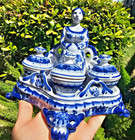 Vintage Gzhel Russian Hostess Spice Jar Set Hand-painted Porcelain Stamped