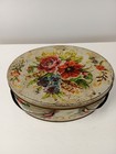 Vintage Floral Tin Container With Handles     Round Decorative Metal Box With Need