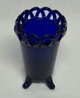 Vintage Cobalt Blue Footed Flower Vase 5 1 4  High With Lace Cut-out Rim