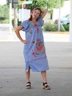 Mexican Embroidered Gingham Dress Handmade In Puebla S   2xl Blue Floral