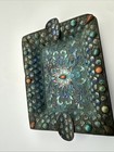 Vintage Chinese Brass Enamel Trinket Tray Ashtray Faux Turquoise Coral 4    X 3   