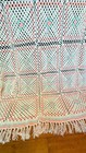 Vintage 1980s Cream Granny Square Afghan White Pink Throw Blanket Sham Fringe