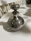 Antique Silver Overlay Glass Perfume Bottle 5      With Stopper And Floral Design 