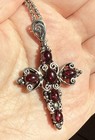 Antique Dutch Cabochon Cut Garnet Silver Cross Necklace 1902 Victorian Edwardian