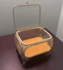 Vintage 5 Sided Gold Ormolu Filigree Glass Paneled Jewelry Casket Display Box