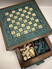 Vintage Mini Mayan Aztec Chess Set Complete Green   White 8x8 Inches