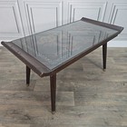 Vintage Oriental Coffee Table Carved Panel - Glass Top Hardwood Chinese Retro
