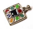 Vintage Square Metal   Enamel Pendant 1 Inch