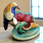 Antique Bird Perched On Water Lily Ceramic Figurine Italy Majolica Pottery 