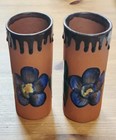 2 Hand Painted Talavera Mexican Folk Art Clay Vases Tumblers Floral Terracotta 