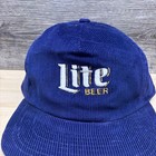 Vintage Miller Lite Beer Hat Cap Strap Back Blue Corduroy Embroidered Mens 90s