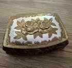 Vintage Gold Tone Metal Embossed Rose Footed Jewelry Trinket Box Red Velvet