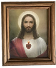Vtg Rare Sacred Heart Of Jesus 8x10 Portrait Print 11x13 Wood Frame W  Glass Htf