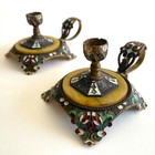 Rare Antique 19th C French Champleve Enamel Gilt Bronze Candlestick Holders Pair
