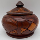 Carved Hand Turned Solid Wood Round Bowl W lid Keepsake Powder Box 4 5   X 4 5 