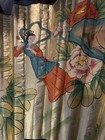Vtg Large Hand Painted Folding Fan  Golden Asian Ladies Floral Scene 35  X 56 