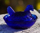 Vintage Miniature Hen On Nest Cobalt Blue Trinket Box Salt Cellar Made In Usa