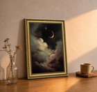 Vintage Gold Framed Celestial Wall Art     Gothic Moon And Clouds Canvas Print     D