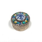 Antique Round Vintage Pill Box - Trinket Snuff Brass Enamel Porcelain - Vintage