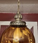 Mcm Vintage Swag Amber Glass Ribbed Globe Hanging Brass Lamp