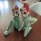 Pair Of Vintage Christmas Green  Pixies Elf Japan 1950s Ceramic Red Hat