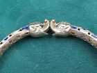 Double Happy Elephant Theme Silver Bangle Bracelet W  Blue Enamel Inlay