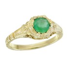 9k Yellow Gold Round Emerald Vintage Style Carving Ring