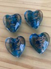 4 Turquoise Blue Gold Sand Heart 3d Puffy 28mm  Lampwork Glass -jewelry Beads