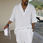 2 Piece Knitted Set Summer Rolled Sleeve Short Sleeve Shirt And Shorts Set Men s