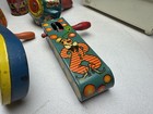 6 Vintage Tin Litho  Noise Makers With Wooden Handles  Dancers  Jesters  Clowns