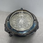Antique Lion Silverplate Dome Footed Roll Top Butter Caviar Dish W glass Vintage