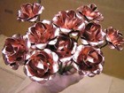 Ten Medium Metal Copper Color Rose Flowers With Stems