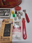 Vintage Amish Red Tin Dutch Folk Art Sewing Basket With Vintage Sewing Supplies