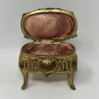 Antique Vintage Casket Style Jewelry Trinket Box Ornate Gold Tone Silk Lining