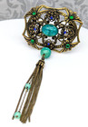 Antique Vintage Gold Tone Green Peking Glass Cabochon   Rhinestones Tassel Pin