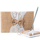 Rustic Burlap Lace Wedding Guest Book With Pen Holder   Silver Pen - 120 Pages