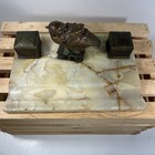Antique Large Bronze Double Inkwell W  Owl On Marble Base Over 11 Lbs 