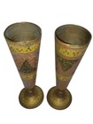 Vintage Pair Solid Brass Hand Painted Indian Made Etched Vase Floral Design