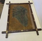 Antique Native American Indian Chief In Headdress Framed Leather Hide Painting