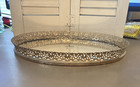 Vintage Ornate Gold Tone Metal Filigree Mirror Vanity Dresser Tray Display 13x9