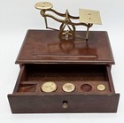 Antique Victorian Brass Postal Scale Mahogany Base With Drawer   Weights C 1900
