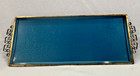 Vintage Mcm Kyes Moire Glaze Serving Tray Aqua Enamel Brass Trim Handles