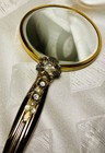 Vintage Gold Tone Hand Mirror Rhinestone Faux Pearl Vanity Mirror Floral 9 