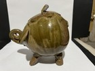 Vintage Studio Art Pottery Whimsical Elephant Bank With Lid Signed Curled Trunk