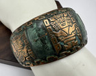 Vintage Copper Green Enamel Mexican Mayan Cuff Bracelet 6 5  With Flex