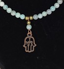 Blue-green Amazonite  Bronze And Copper Beaded Necklace With Hamsa chai Pendant