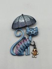 Blue Cartoon Cat Umbrella Striped Brooch Pin With Hanging Fish Charm