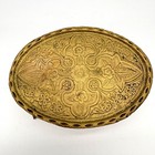 Vintage Brass Floral Embossed Footed Trivet Ornate Scalloped Oval Stand Decor