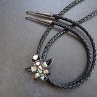 Vintage Sterling Silver Zuni Knifewing Inlay Bolo Tie Black Leather Cord 925 Tip